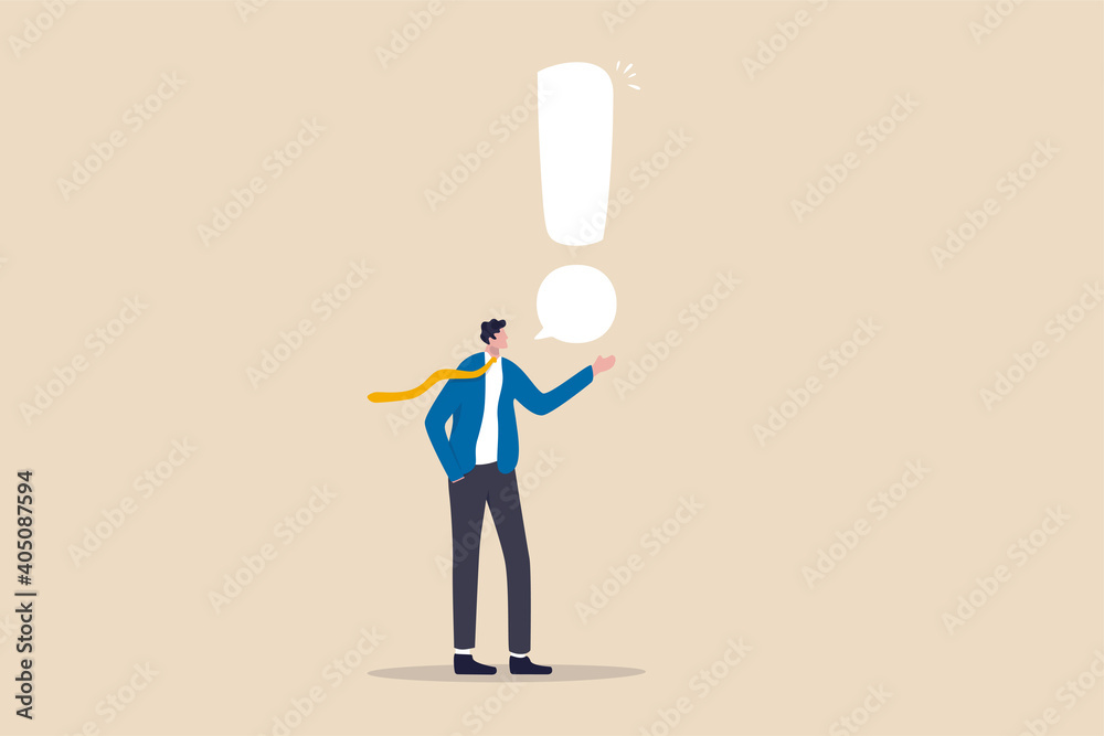Story telling, speak out loud to draw attention and interest, fact important information or secret, caution and alert call concept, businessman speaking with speech bubble as exclamation point. Story telling, speak out loud to draw attention and interest, fact important information or secret, caution and alert call concept, businessman speaking with speech bubble as exclamation point.