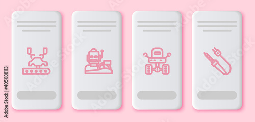 Set line Robotic robot arm on factory, humanoid driving car, Mars rover and Soldering iron. White rectangle button. Vector.