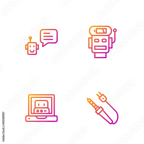 Set line Soldering iron, Creating robot, Bot and Robot low battery charge. Gradient color icons. Vector.