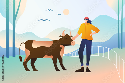 A woman farmer in a corral with a cow against the background of an abstract landscape, birds against the background of the sun and clouds. Modern flat design, a milkmaid in a scarf with a cattle. photo