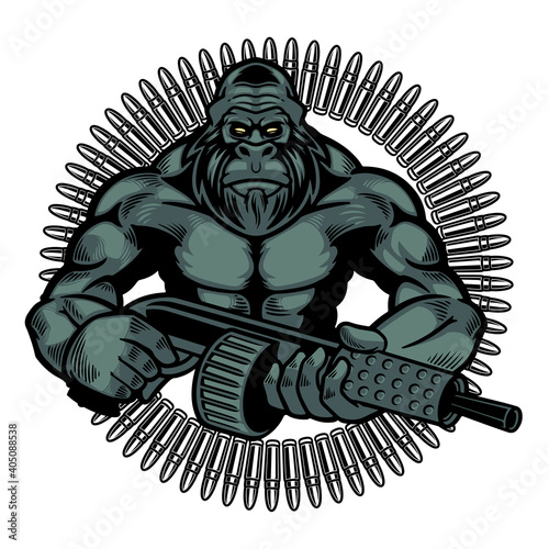 Vector illustration of wild monkey with machine gun in a retro style. Colored angry gorilla holding guns with isolated on white background. Wild animals concept in cartoon style. T-shirt design