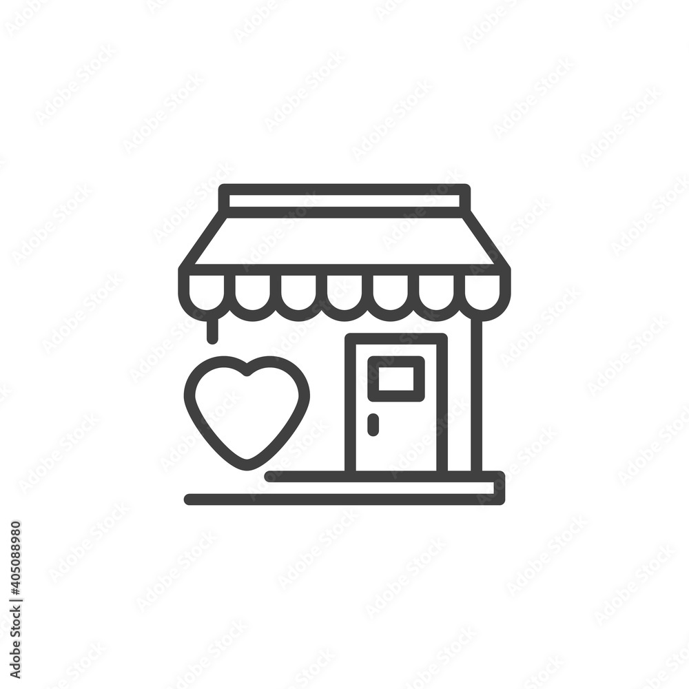 Favorite shop line icon. linear style sign for mobile concept and web design. Store and heart outline vector icon. Symbol, logo illustration. Vector graphics Favorite shop line icon. linear style sign for mobile concept and web design. Store and heart outline vector icon. Symbol, logo illustration. Vector graphics