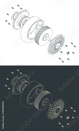 Disassembled Turbo pump isometric blueprints
