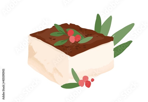 Piece of cake or pastry decorated with chocolate topping, berries and leaves. Sweet vanilla dessert. Hand-drawn colored vector illustration isolated on white background