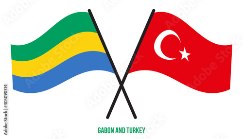 Gabon and Turkey Flags Crossed And Waving Flat Style. Official Proportion. Correct Colors.
