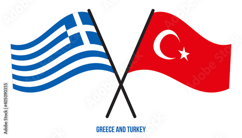 Greece and Turkey Flags Crossed And Waving Flat Style. Official Proportion. Correct Colors.