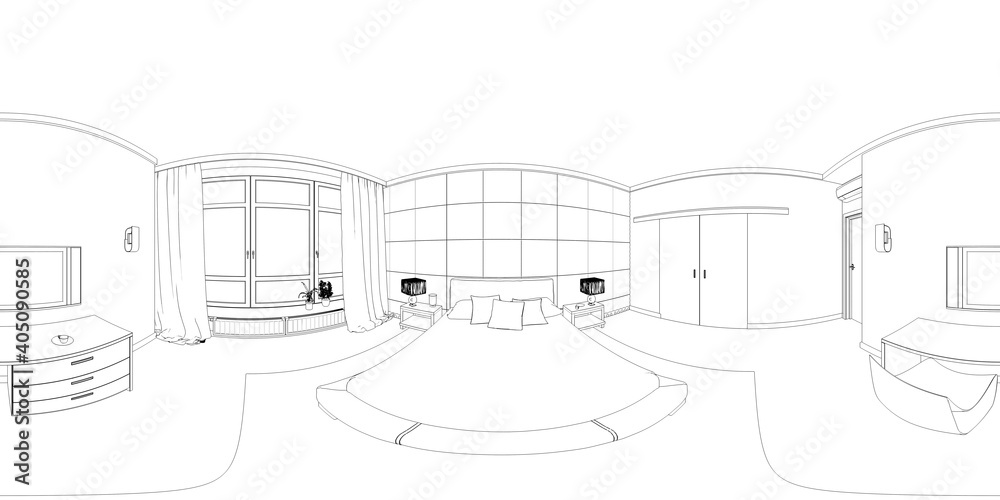 spherical panorama of the interior, contour visualization, 3D illustration, sketch, outline spherical panorama of the interior, contour visualization, 3D illustration, sketch, outline
