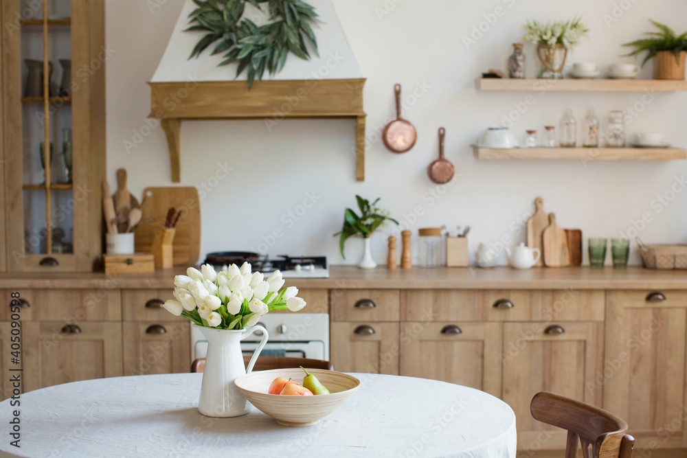 Light wooden kitchen interior, wooden furniture