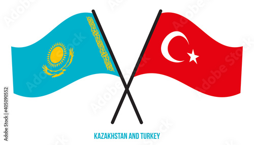 Kazakhstan and Turkey Flags Crossed And Waving Flat Style. Official Proportion. Correct Colors.