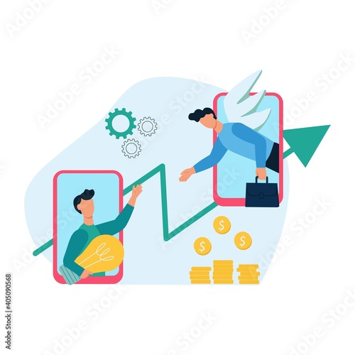 The concept of a business angel  angel investor. Help for a startup  a young businessman. Financial support for young businesses. Flat cartoon vector illustration.