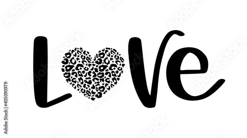 Love text with Leopard textured Heart. Vector design element with wild animal cheetah skin pattern for Happy Valentines day card, scrapbooking, posters, textiles, gifts, t shirts