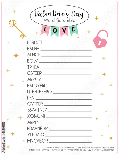 Valentine's Day word scramble. Party game. Printable worksheet for learning English. 
