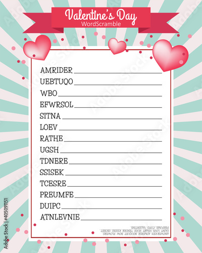 Retro Valentine's Day word scramble. Party game. Worksheet for learning English. 