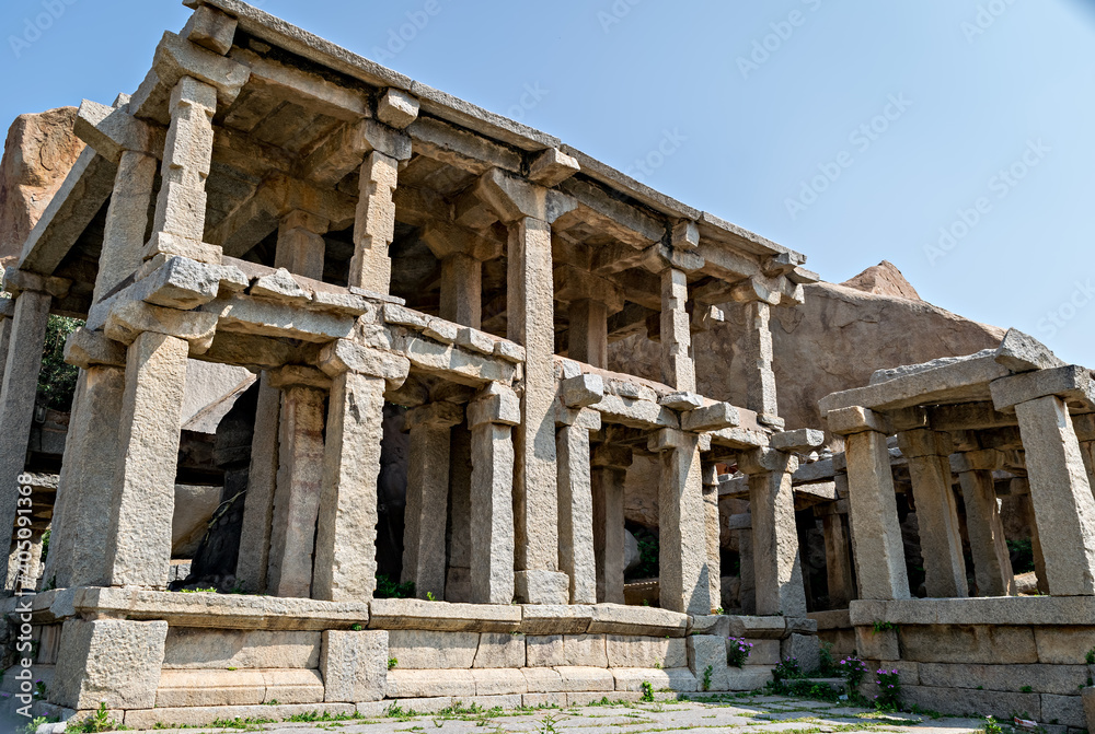 Ancient two storied stone structure for resting of huge monolithic bull in Hampi