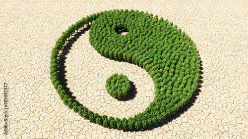 Concept or conceptual group of green forest tree on dry ground background as sign of chinese symbol of Yin-Yang, opposing and complementary. 3d illustration metaphor for taoism, meditation and balance