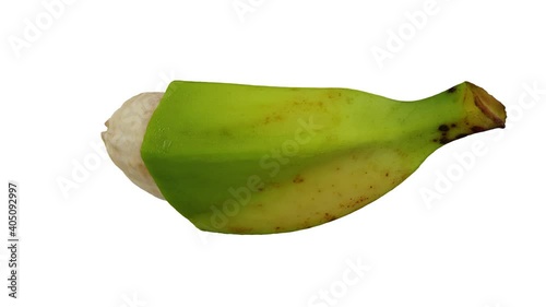 Realistic render of a spinning partially peeled Cooking Banana (Saba variety from Philippines)  on white background. The video is seamlessly looping, and the 3D object is scanned from a real banana.
 photo