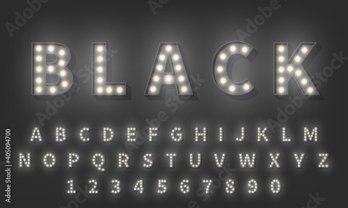 3d Light bulb alphabet. Dark style 3d retro typography typeface