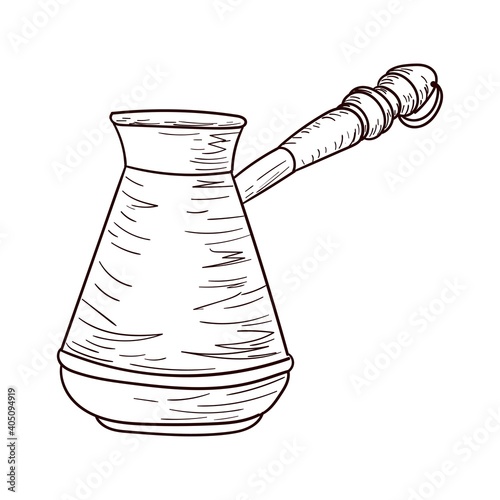 Coffee turk, cezva, brown contour drawing isolated on white background, stock vector illustration for design and decor, sketch, template, copper cookware