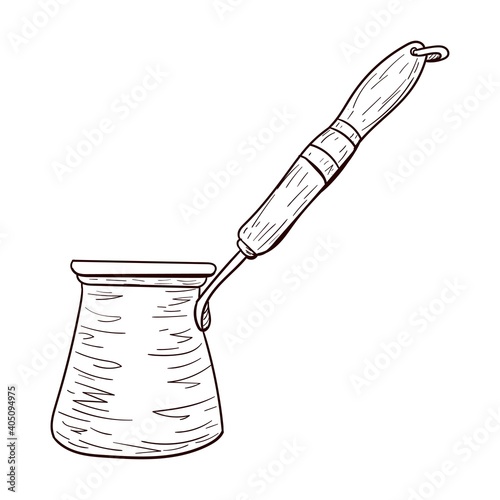 Coffee turk, cezva, brown contour drawing isolated on white background, stock vector illustration for design and decor, sketch, template, copper cookware
