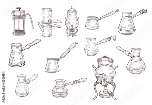 Coffee maker set, vintage coffee turks in sketch style, isolated outline, vector drawing, for design and decor, copper cookware, sticker, poster, banar, template