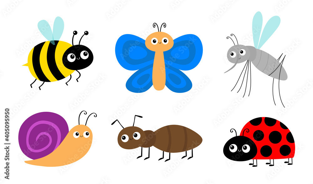 Fototapeta premium Ant, mosquito, bee bumblebee, butterfly, snail cochlea, lady bug ladybird flying insect icon set. Ladybug. Cute cartoon kawaii funny baby character. Happy Valentines Day. Flat design. White background