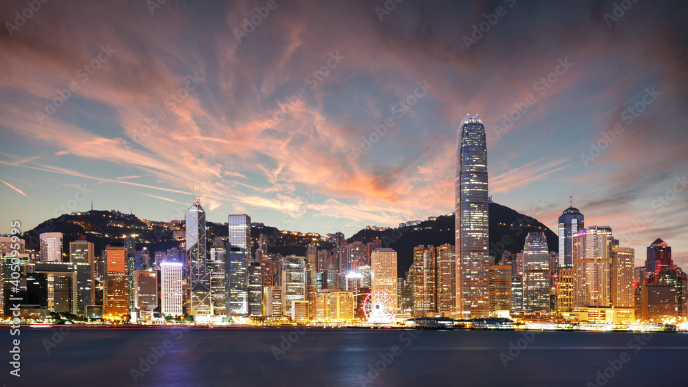 Naklejka premium Hong Kong skyline at night, China