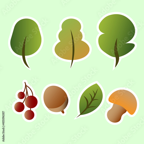 Icons set fall trees simple flat illustration stickers mushroom berry leaf acorn autumn harvest isolated elements