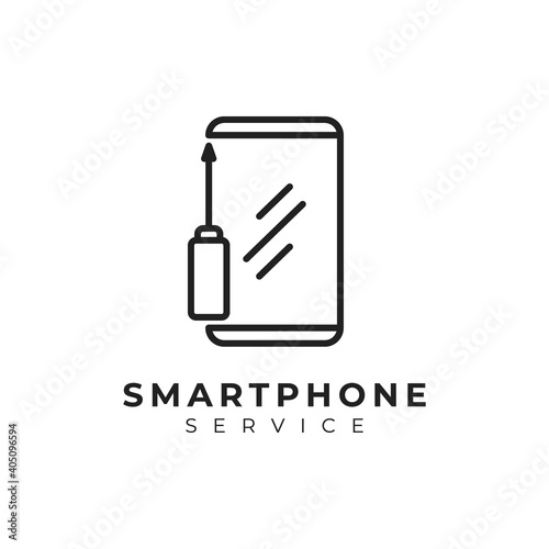 smart phone service logo design with smart phone and screwdriver combination icon illustration in line art style