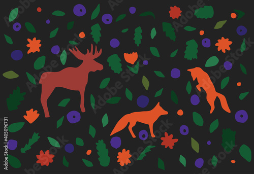 Vector flat illustration. Orange foxes and moose are in taiga forest with flowers, blueberries and green plants. Dark grey background. Protection of wildlife, conservation of biodiversity on planet