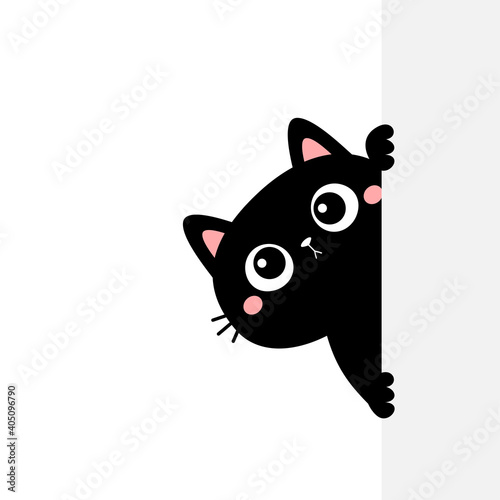 Black cat holding big empty signboard. Cute cartoon kawaii funny kitten kitty hiding behind paper wall. Flat design. Typography print template. White background. Isolated.