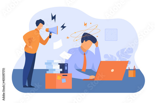 Furious boss with megaphone shouting at frustrated employee. Exhausted office worker feeling headache, anxiety and burnout. Vector illustration for stress or conflict at work, stressful job concept