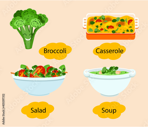 Broccoli dish. Soup in white bowl and tasty casserole with broccoli and cheese, salad with broccoli and cherry tomatoes.
