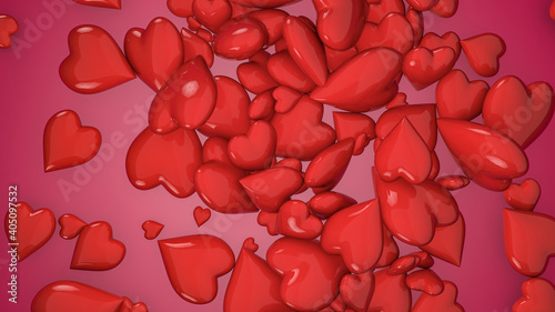 3d illustration of many red shiny hearts on pink background.