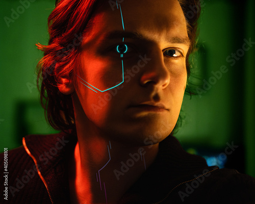 concept of a man of the future. portrait of a man with cyber implants