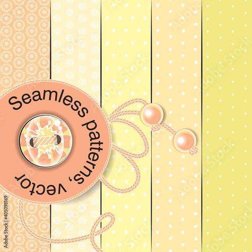 Simple pattern seamless vector design. Cute button and braid, beads. Baby diapers, clothes. Set for wallpaper, decorative, textile, fabric, paper texture backgrounds, packaging.Beige background.