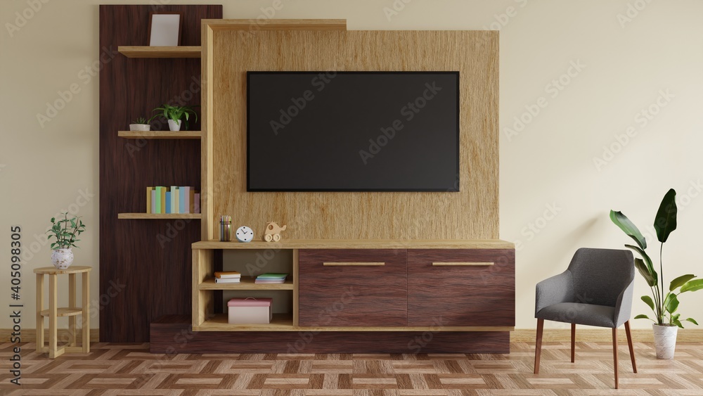 Fototapeta premium Modern TV room decorated with a TV table and beautiful plants.3d rendering.