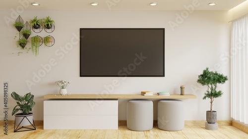 Modern TV room is decorated with plants and sofas. It has a large TV on a beautiful white wall.3d rendering.