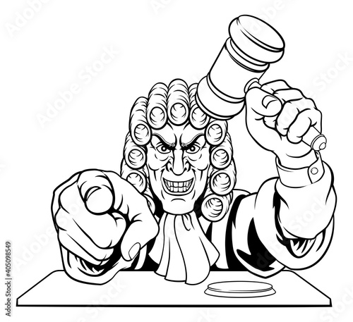 An angry or mean judge cartoon character pointing and holding his gavel hammer