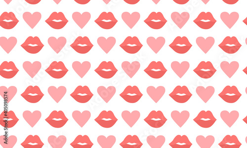 Seamless pattern with cute romantic elements -  pink Heart and red Lips. Isolated on white. Love and Valentines day concept. Designs for greeting cards, print, web, wrapping paper or fabric template.
