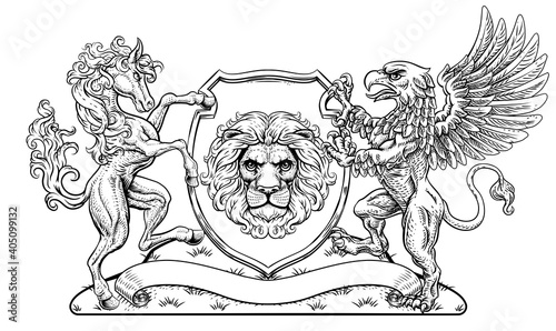 A crest coat of arms family shield seal featuring griffin, horse and lion