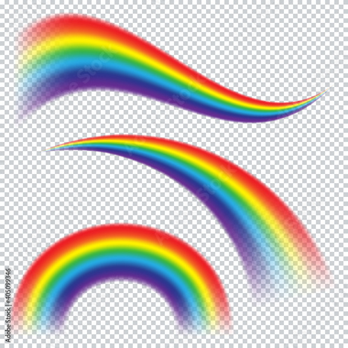 Colorful realistic multicolored rainbow on transparent background. Natural arcuate phenomenon in the sky. Vector Illustration. EPS10