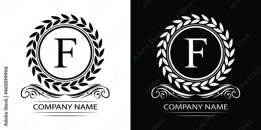 Letter   F laurel wreath template logo Luxury gold letter with crown. Monogram alphabet . Beautiful royal initials letter.