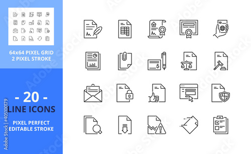 Line icons about documents. Pixel perfect 64x64 and editable stroke