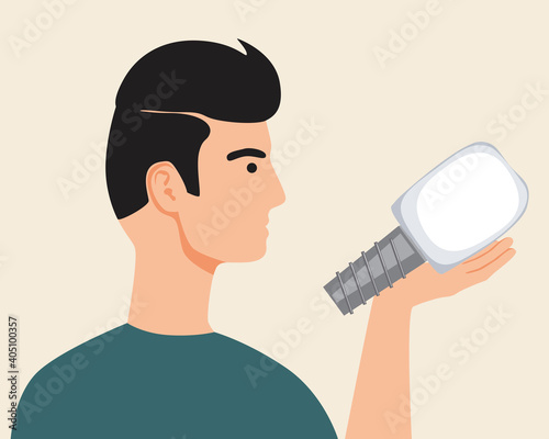 Dental clinic patient isolated, flat vector stock illustration with man after orthodontic services with dental implant in hand