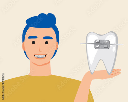 Dentistry patient smile isolated as braces installation concept, flat vector stock illustration with man after orthodontic services with braces system