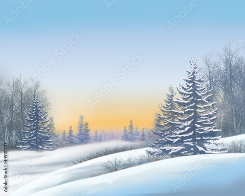 Winter abstract landscape. Sunlight in the winter forest. Snowy nature scene.
