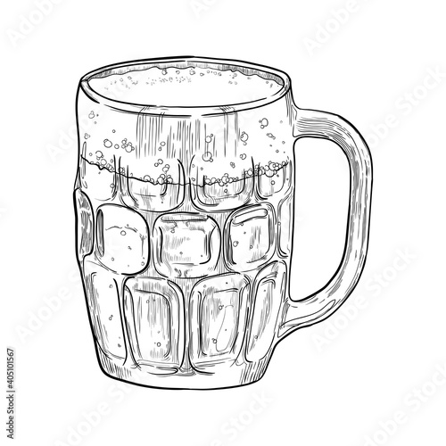 Beer in a glass mug. Isolated on white background. Hand drawn vector illustration.