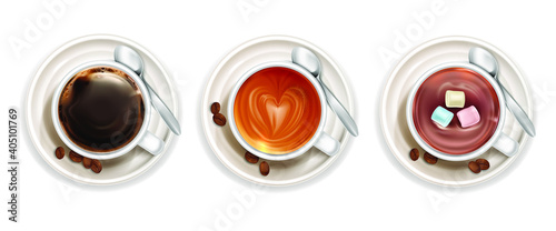 Collection of different varieties of coffee top view. Cappuccino latte americano espresso cocoa in realistic cups. Vector illustration