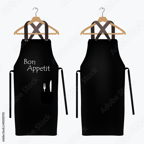 Black kitchen apron. Chef uniform for cooking vector template. Kitchen protective black apron for chef uniform illustration. Bon appetit