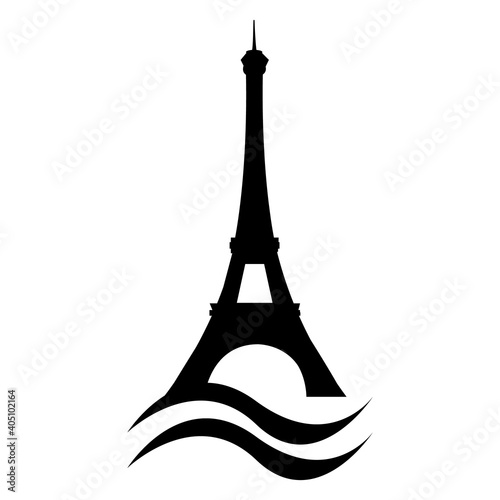 Eiffel Tower stylized silhouette with Seine river waves. Paris vector capital landmark. France.